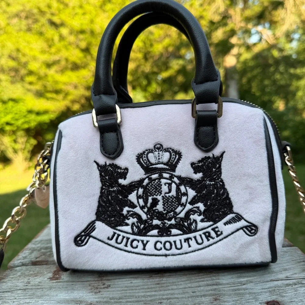 Juicy Couture Velour Barrel Bag Y2K McBling Satchel Small Pink Logo Chain